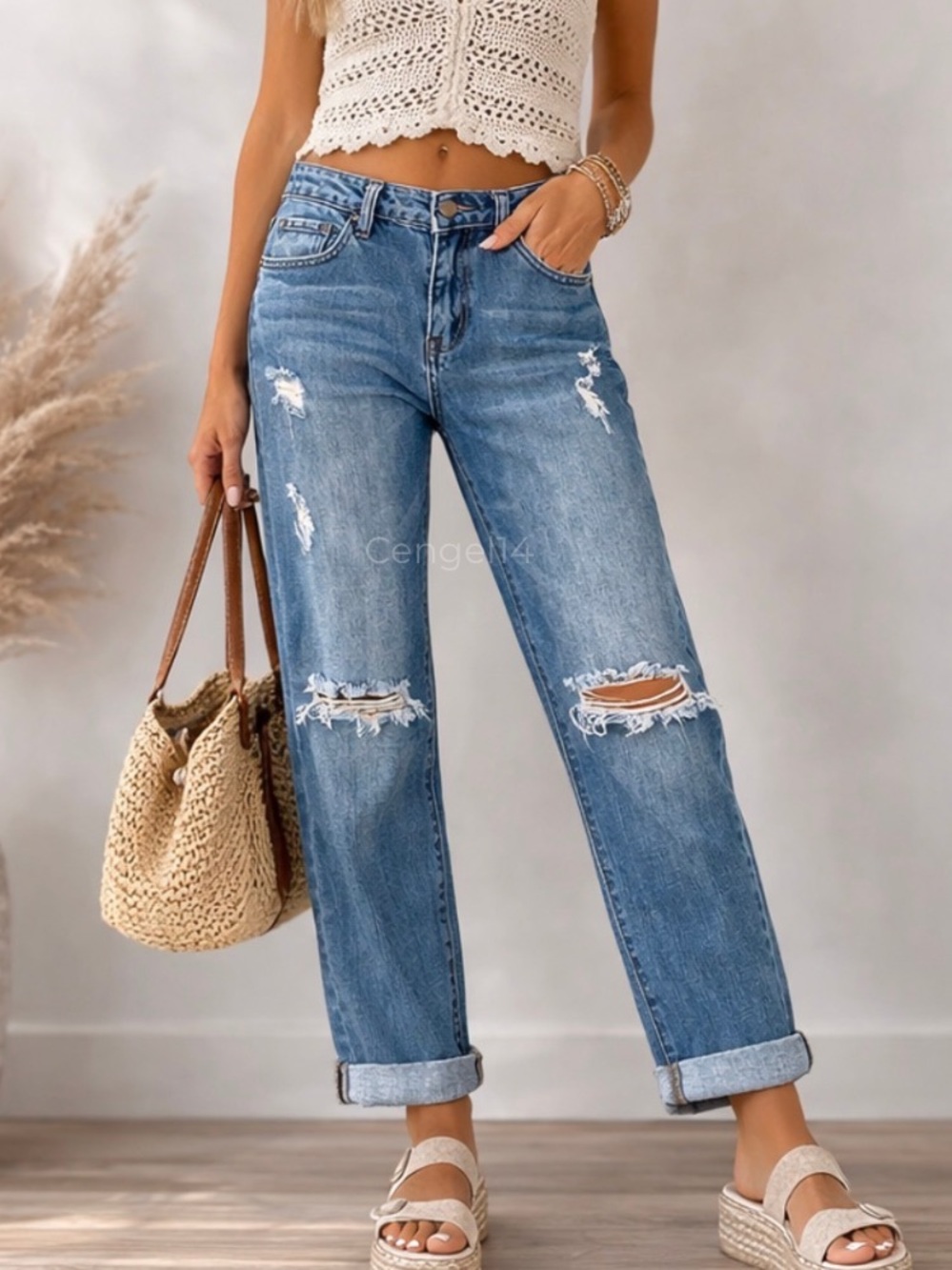 Mono B Ultimate Boyfriend Distressed Cuffed Straight Leg Jeans NWT Size 15
